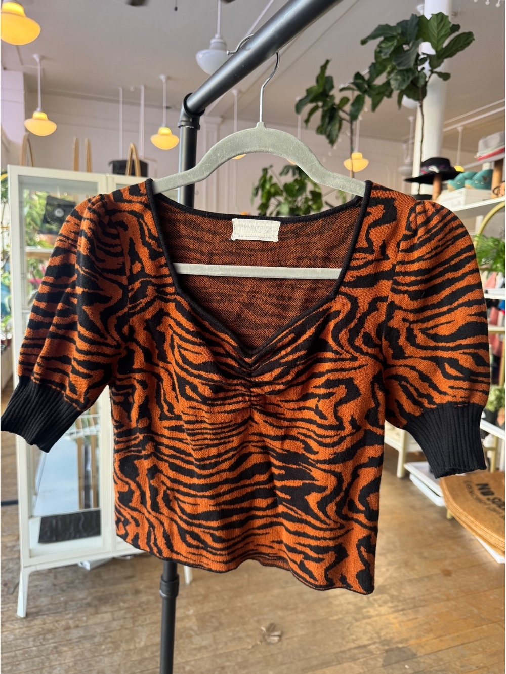 Urban Outfitters Brown and Black Tiger Print Puff Sleeve Top Size M
